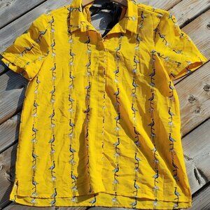 PRETTY Zara Basic Emu and Flamingo Printed Blouse Tie Neck Back Medium